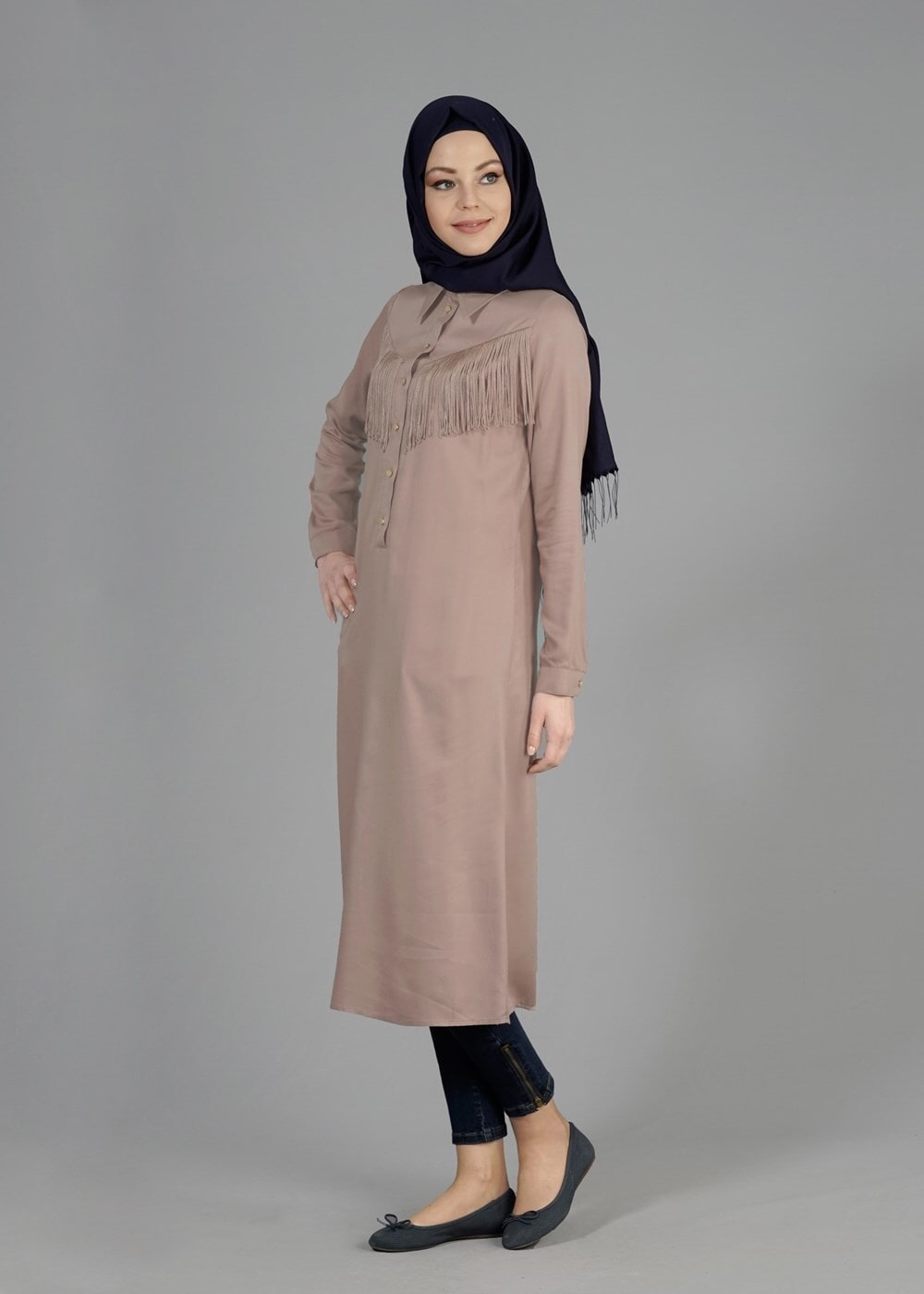 Tesettür giyim PUDRA T 50359 Allday Püsküllü Uzun Tunik