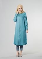 Tesettür giyim MAVİ T 50507 Allday Gizli Düğmeli Hakim Yaka Tunik