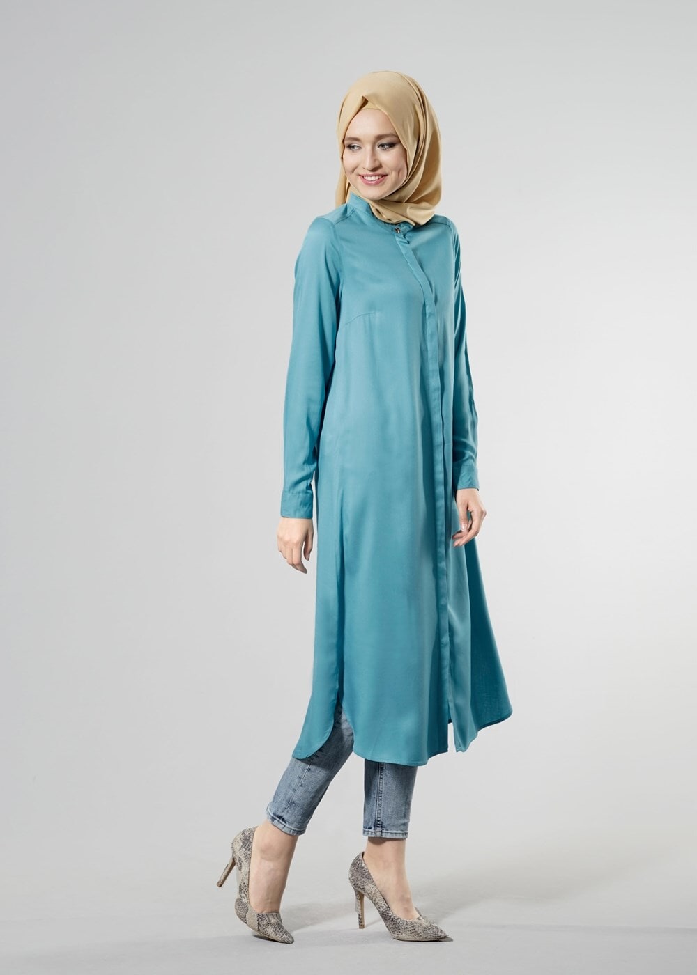 Tesettür giyim MAVİ T 50507 Allday Gizli Düğmeli Hakim Yaka Tunik