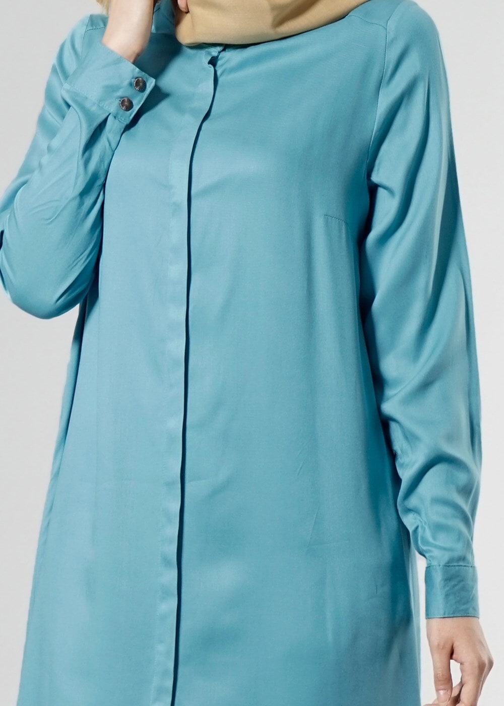 Tesettür giyim MAVİ T 50507 Allday Gizli Düğmeli Hakim Yaka Tunik