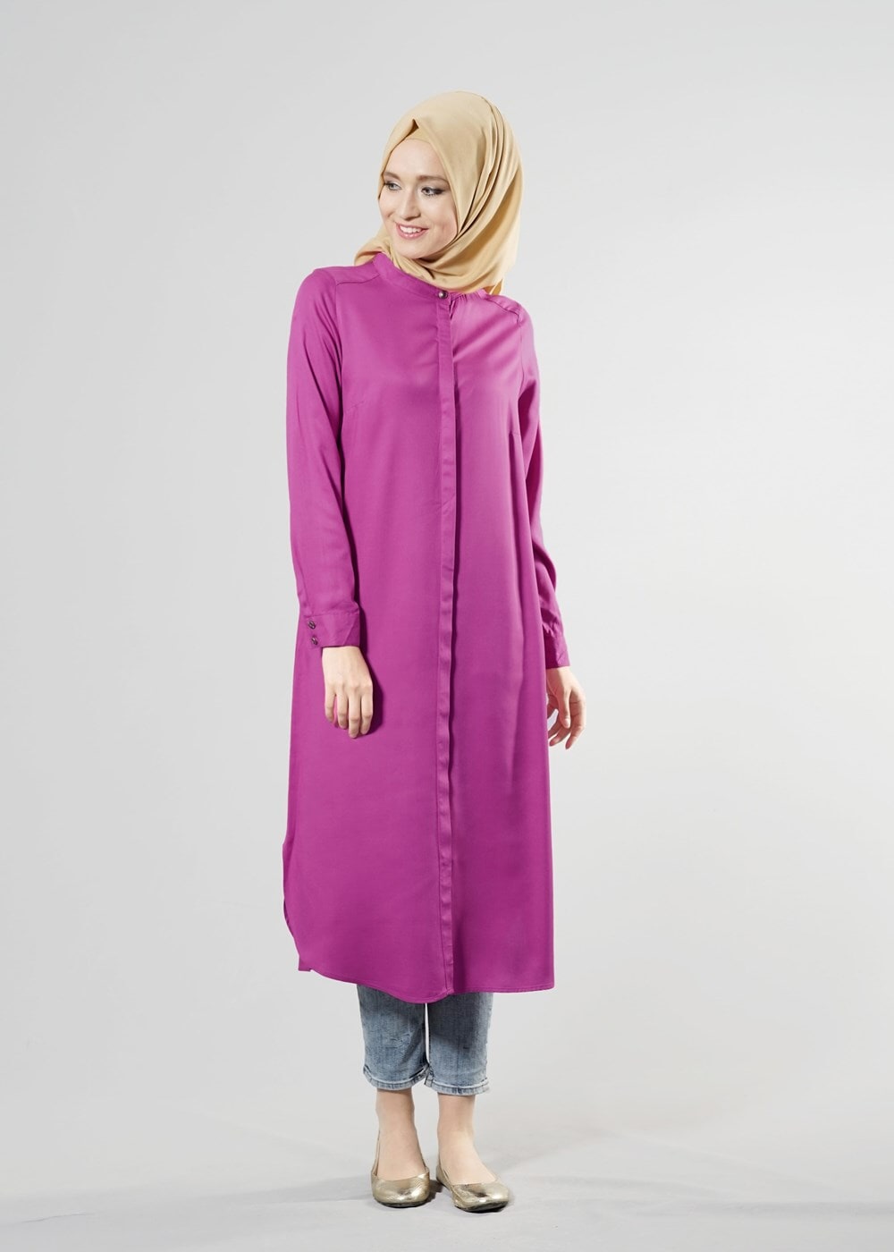 Tesettür giyim FUŞYA T 50507 Allday Gizli Düğmeli Hakim Yaka Tunik