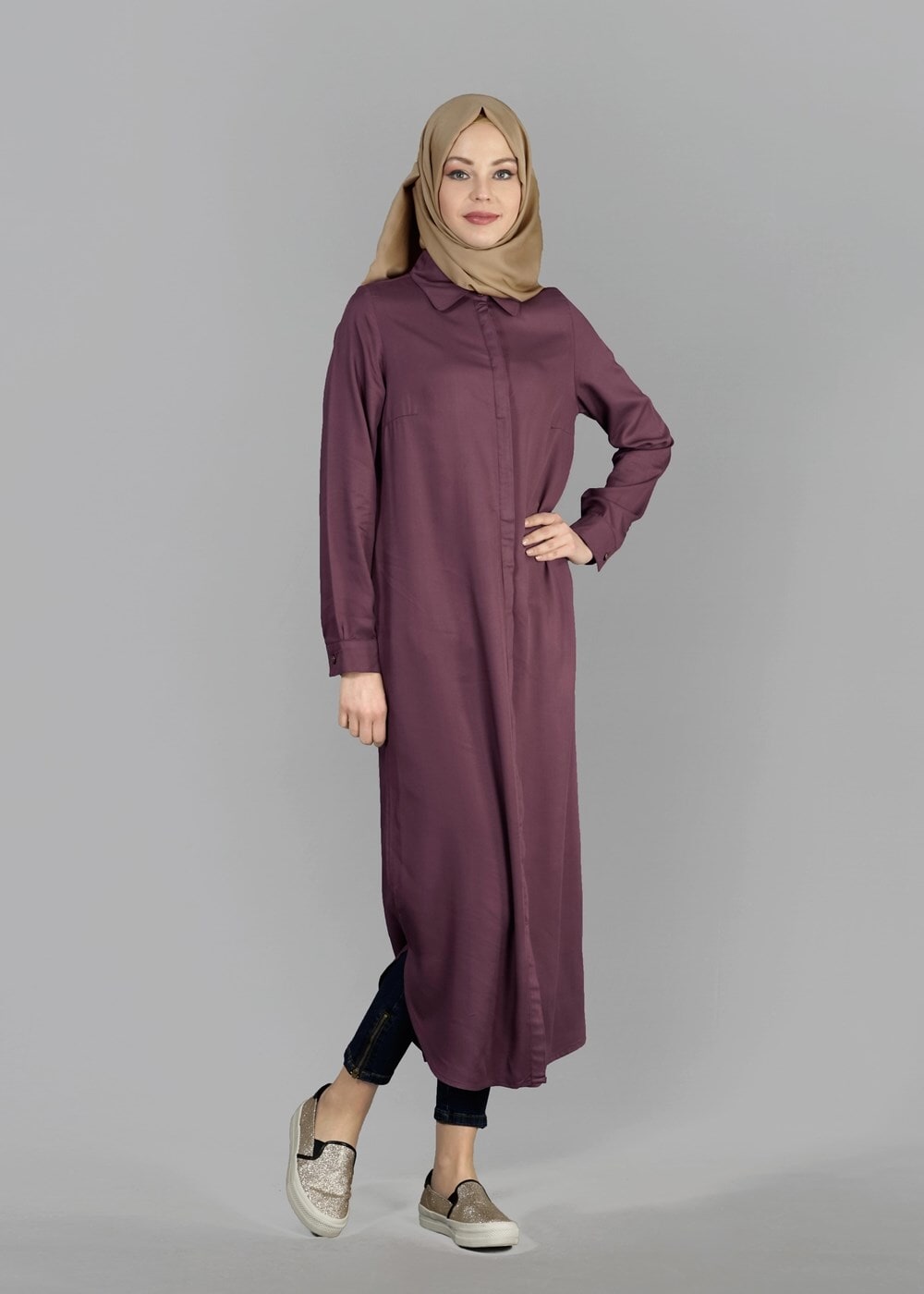 Tesettür giyim PEMBE T 50561 Allday Patlı Uzun Tunik