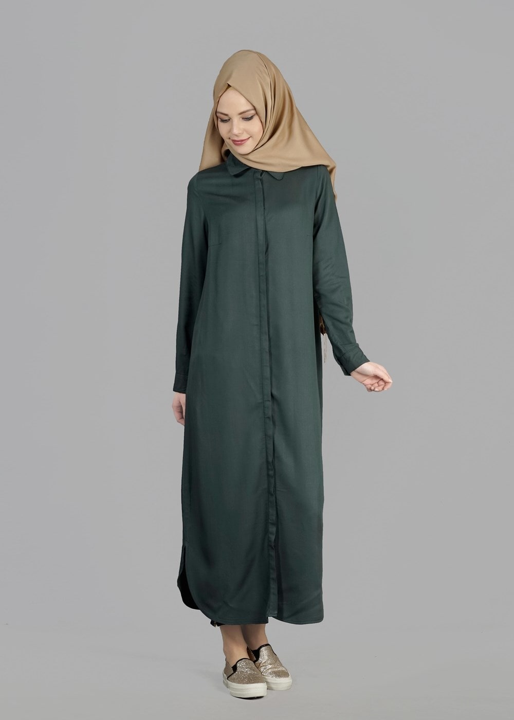Tesettür giyim YEŞİL T 50561 Allday Patlı Uzun Tunik