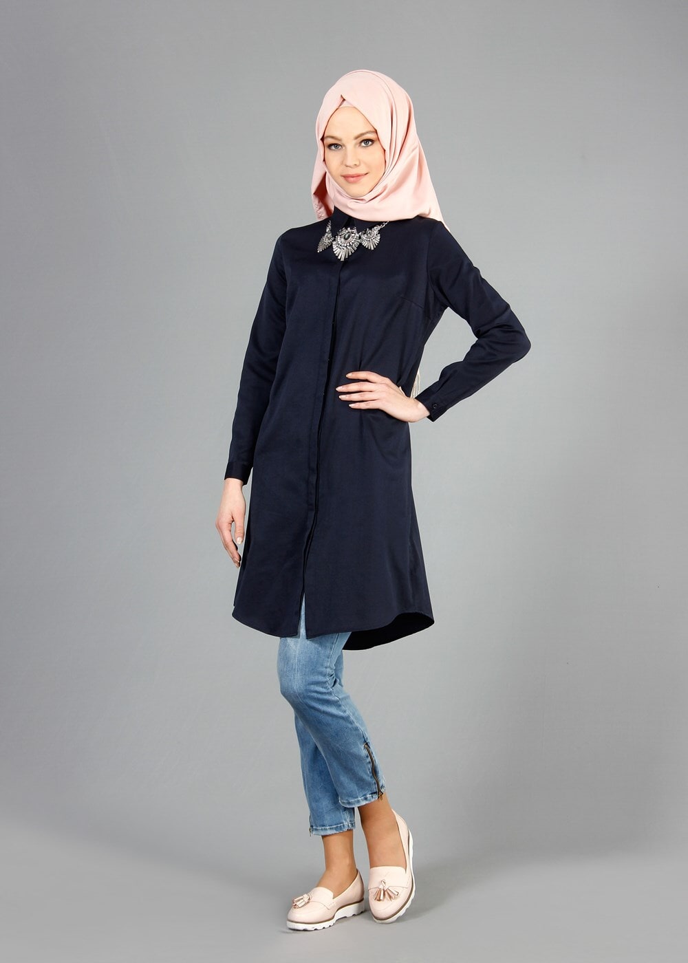 Tesettür giyim LACİVERT T 50782 Allday Kendinden Desenli Erkek Yaka Tunik