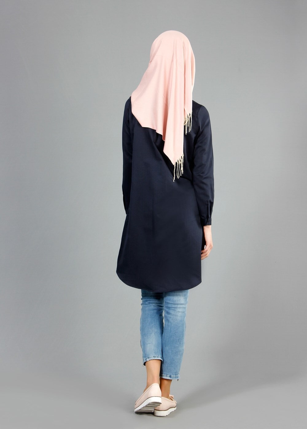 Tesettür giyim LACİVERT T 50782 Allday Kendinden Desenli Erkek Yaka Tunik