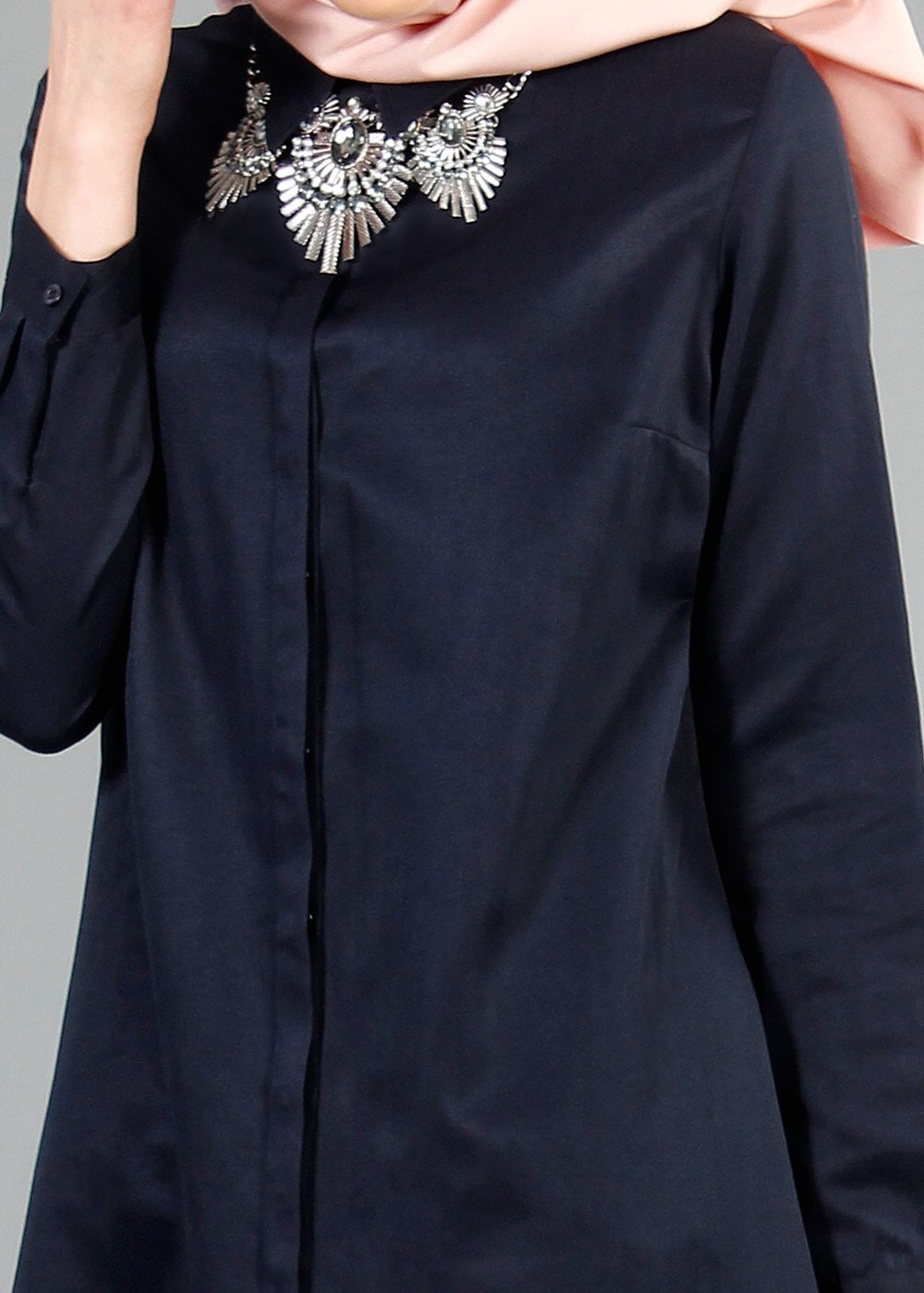 Tesettür giyim LACİVERT T 50782 Allday Kendinden Desenli Erkek Yaka Tunik