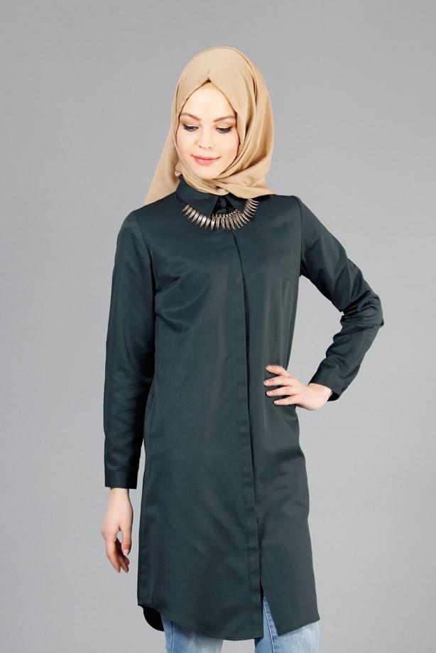 Tesettür giyim  T 50782 Allday Kendinden Desenli Erkek Yaka Tunik - TRENDTESETTÜR