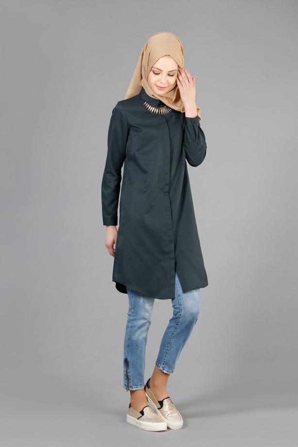 Tesettür giyim  T 50782 Allday Kendinden Desenli Erkek Yaka Tunik - TRENDTESETTÜR