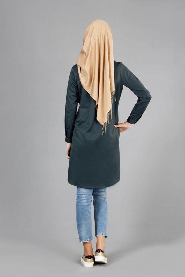 Tesettür giyim  T 50782 Allday Kendinden Desenli Erkek Yaka Tunik - TRENDTESETTÜR