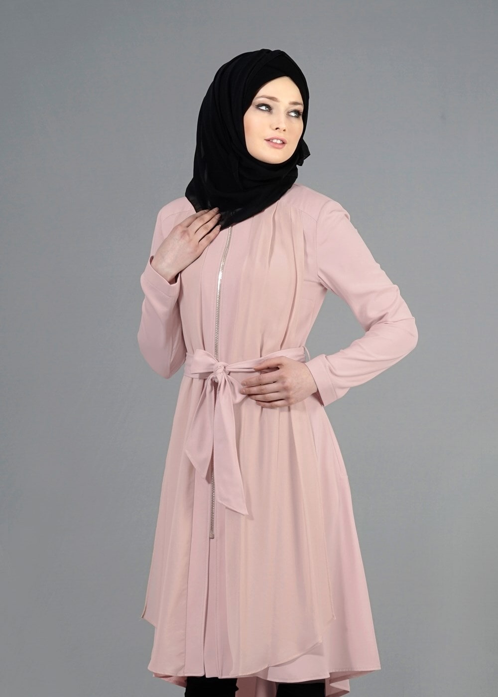 Tesettür giyim PUDRA T 1439 Feris Tesettür Trench-Alv Fashion