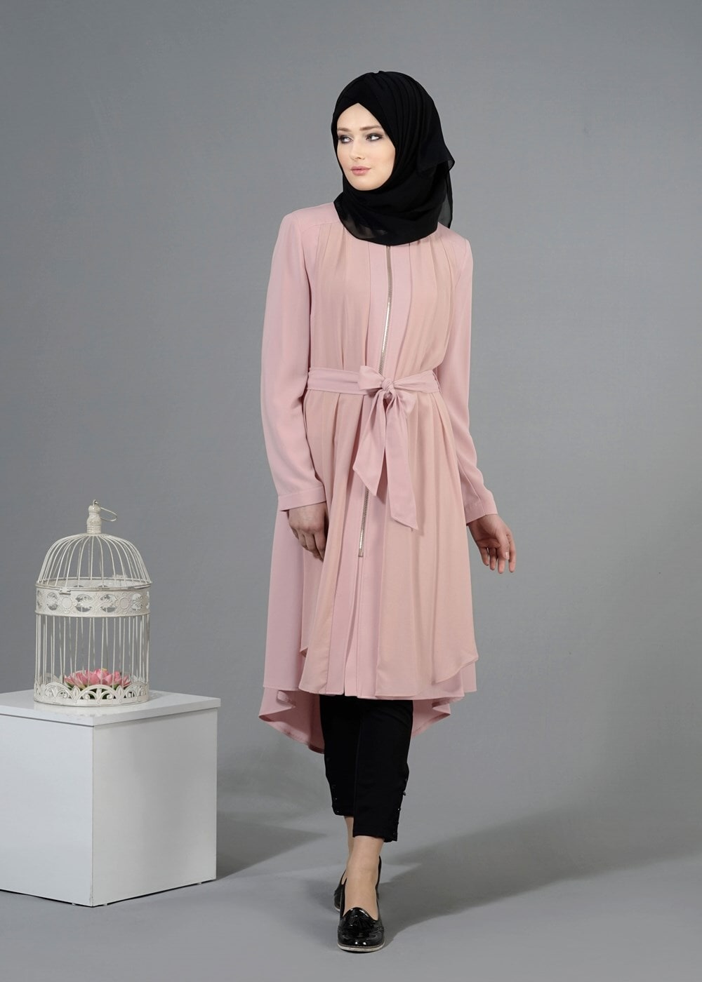 Tesettür giyim PUDRA T 1439 Feris Tesettür Trench-Alv Fashion