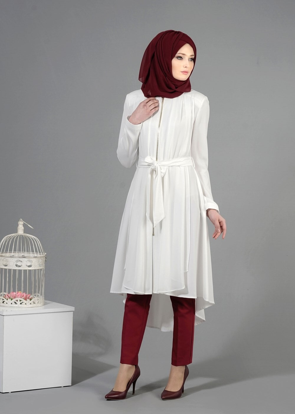 Tesettür giyim KREM T 1439 Feris Tesettür Trench-Alv Fashion
