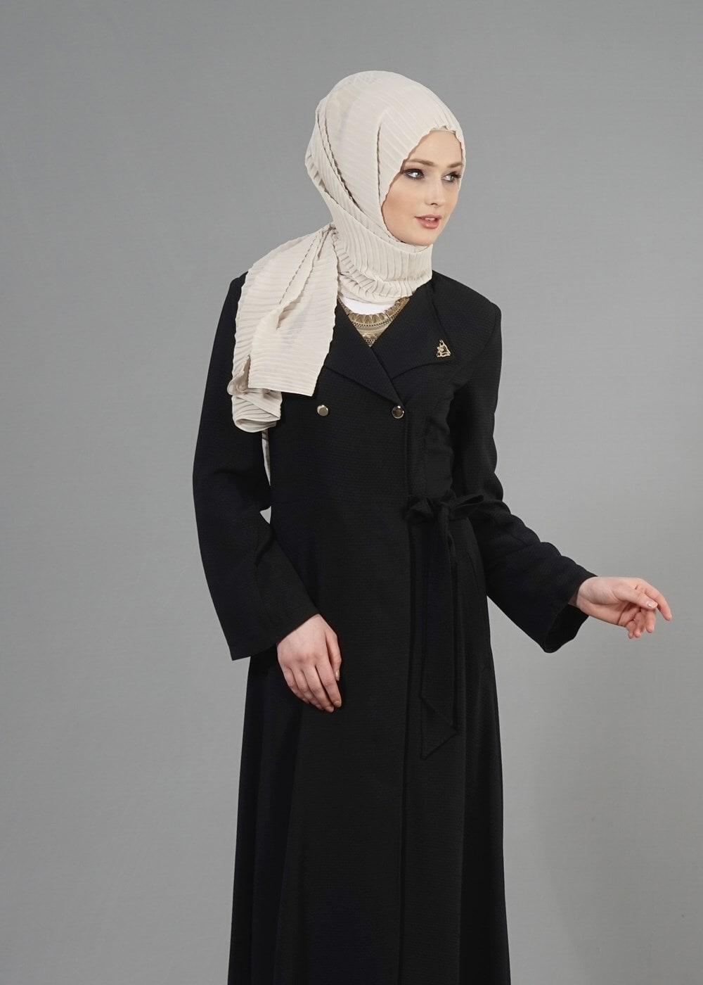 Tesettür giyim SİYAH T 1479 Petek Tesettür Pardesü-Alv Fashion