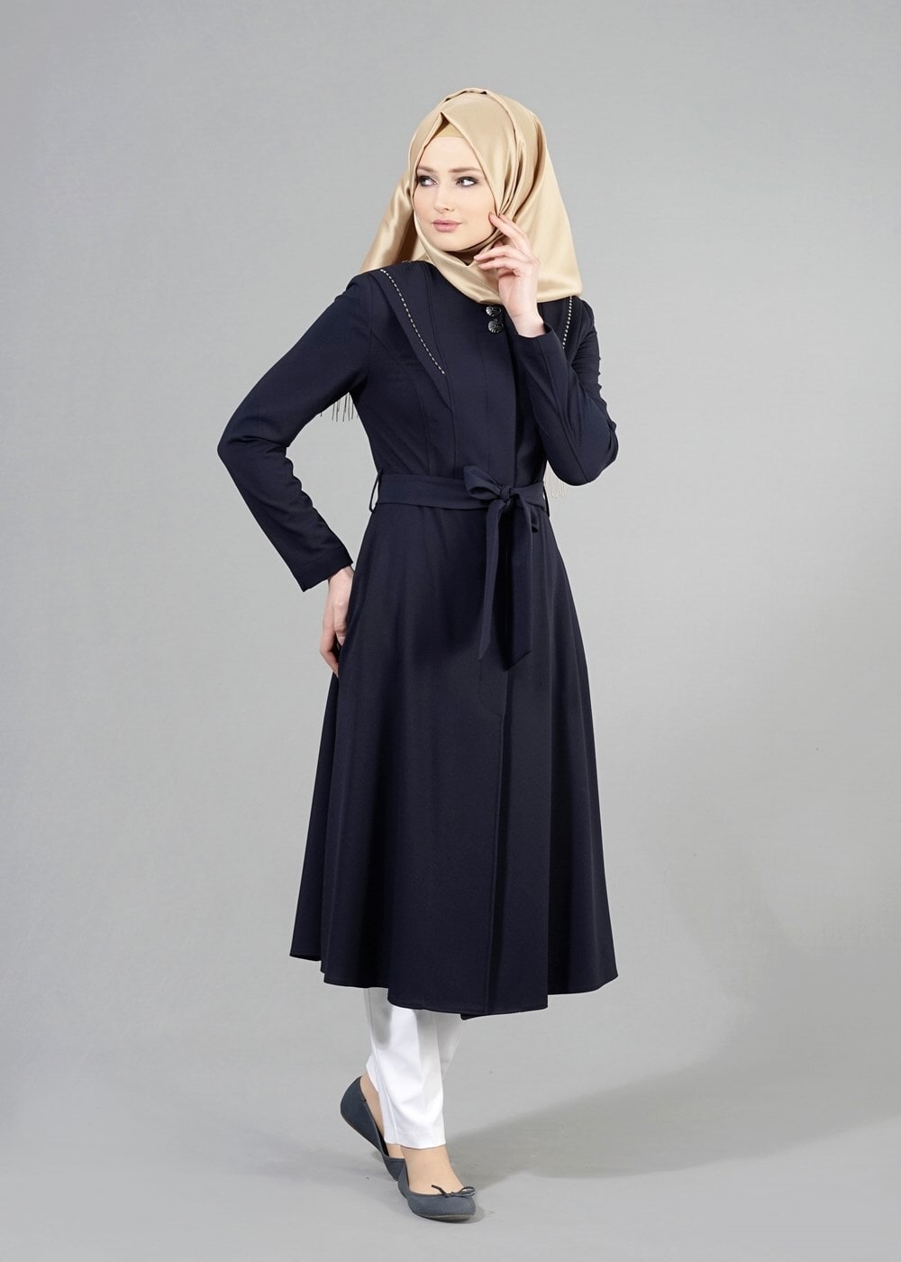 Tesettür giyim LACİVERT T 1484 Petek Trench-Alv Fashion