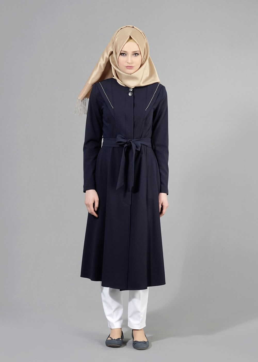 Tesettür giyim LACİVERT T 1484 Petek Trench-Alv Fashion