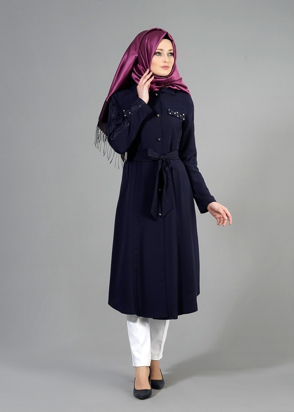 Tesettür giyim LACİVERT T 1538 Sheraton Tesettür Trench-Alv Fashion