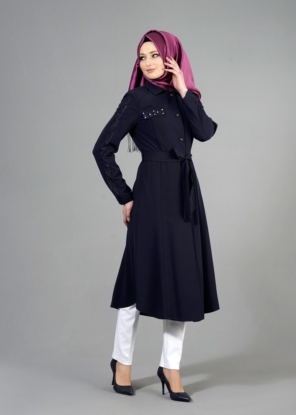 Tesettür giyim LACİVERT T 1538 Sheraton Tesettür Trench-Alv Fashion