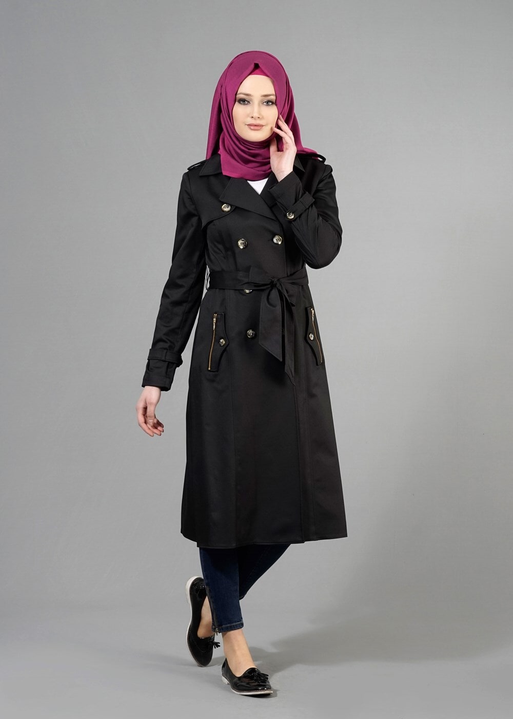 Tesettür giyim SİYAH T 1553 Peren Tesettür Trench-Alv Fashion