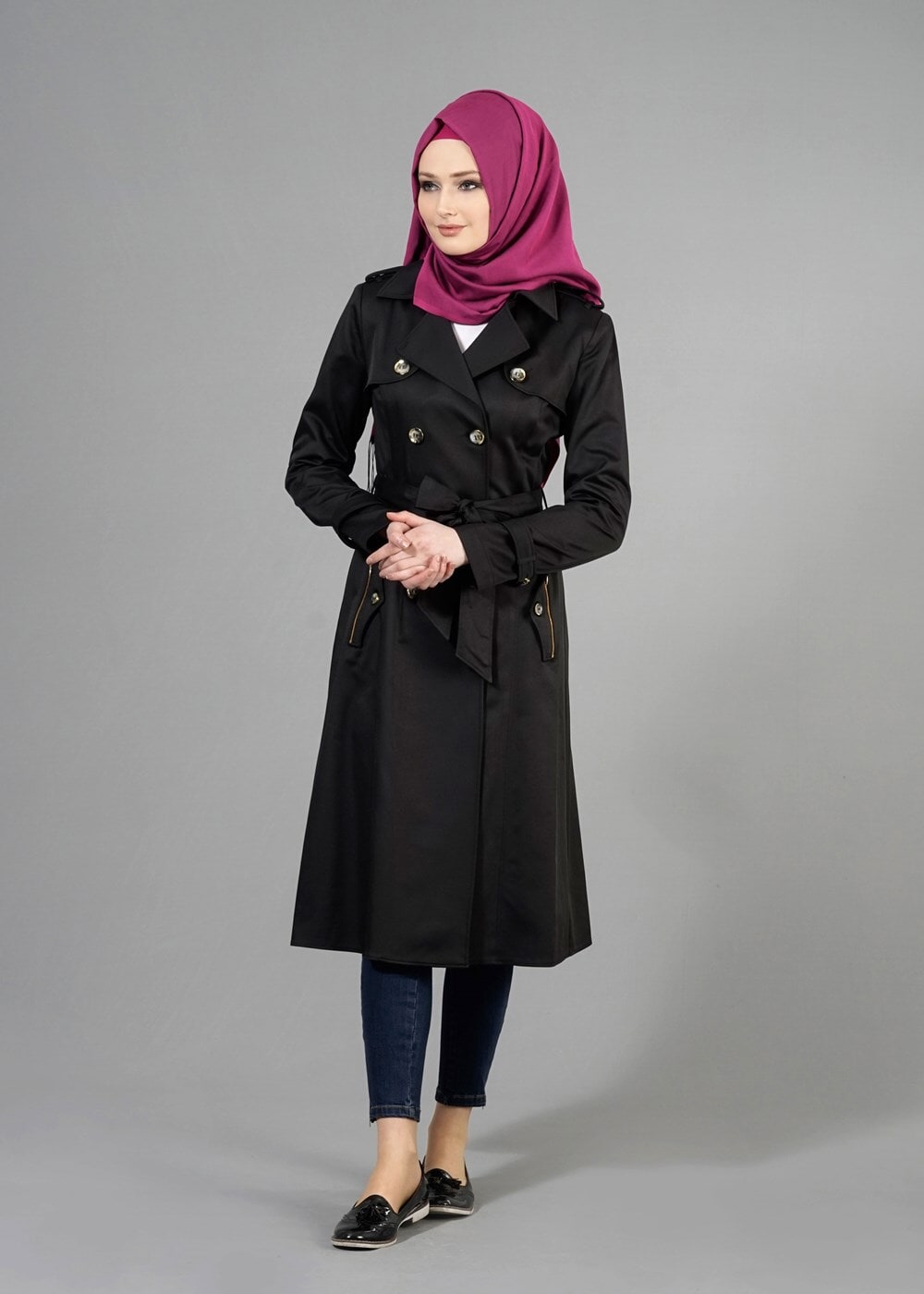 Tesettür giyim SİYAH T 1553 Peren Tesettür Trench-Alv Fashion
