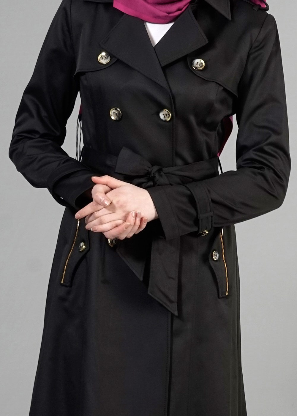 Tesettür giyim SİYAH T 1553 Peren Tesettür Trench-Alv Fashion