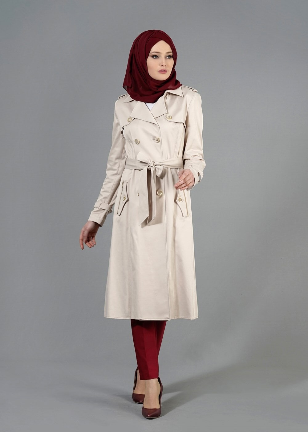 Tesettür giyim BEJ T 1553 Peren Tesettür Trench-Alv Fashion