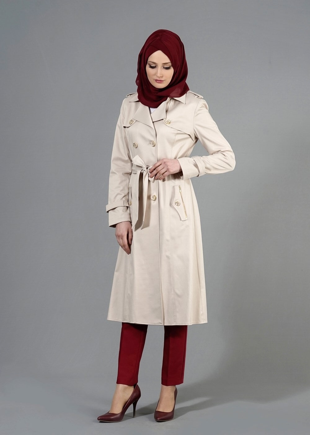 Tesettür giyim BEJ T 1553 Peren Tesettür Trench-Alv Fashion
