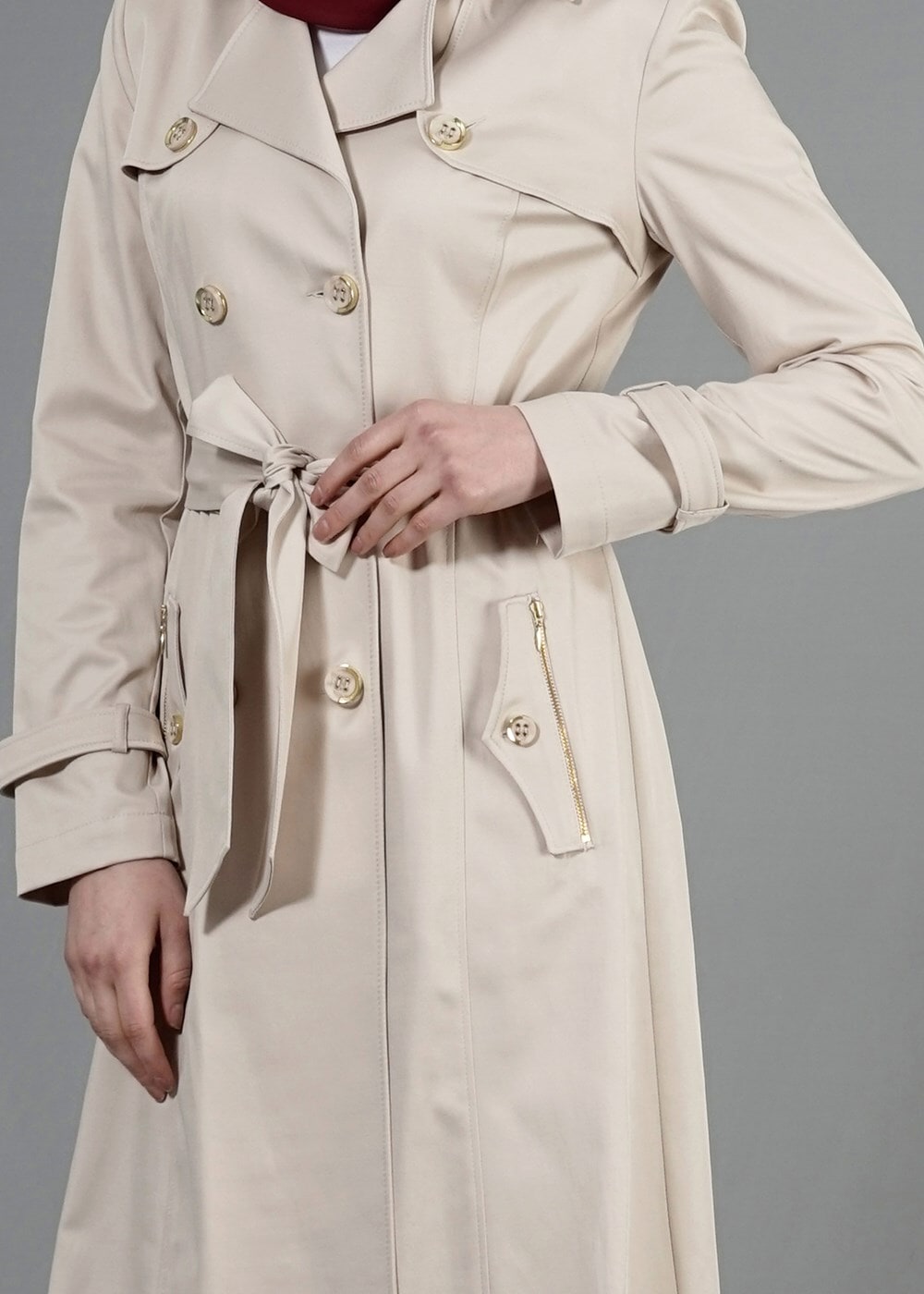 Tesettür giyim BEJ T 1553 Peren Tesettür Trench-Alv Fashion
