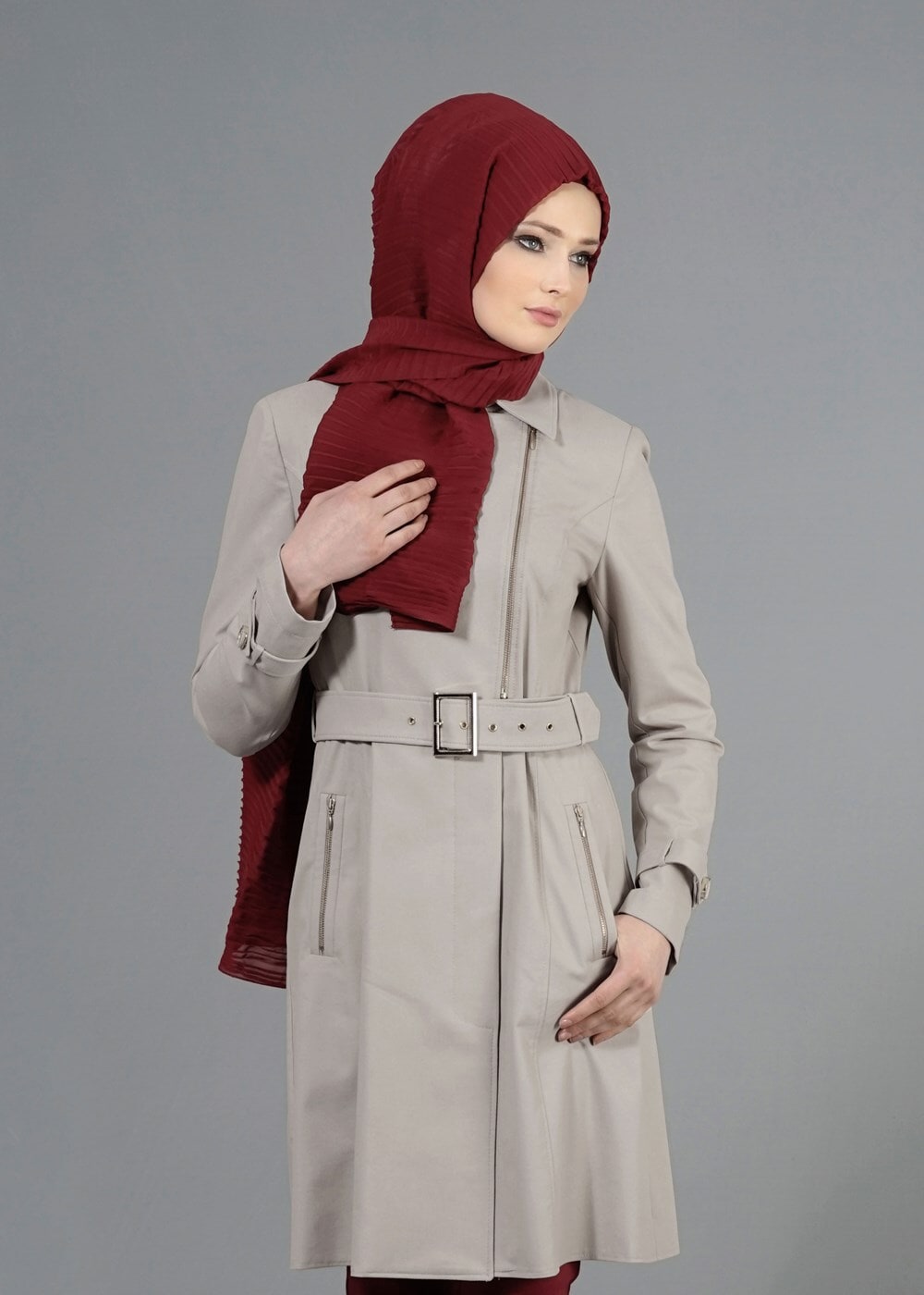 Tesettür giyim BEJ T 1554 Soraya Tesettür Trench-Alv Fashion