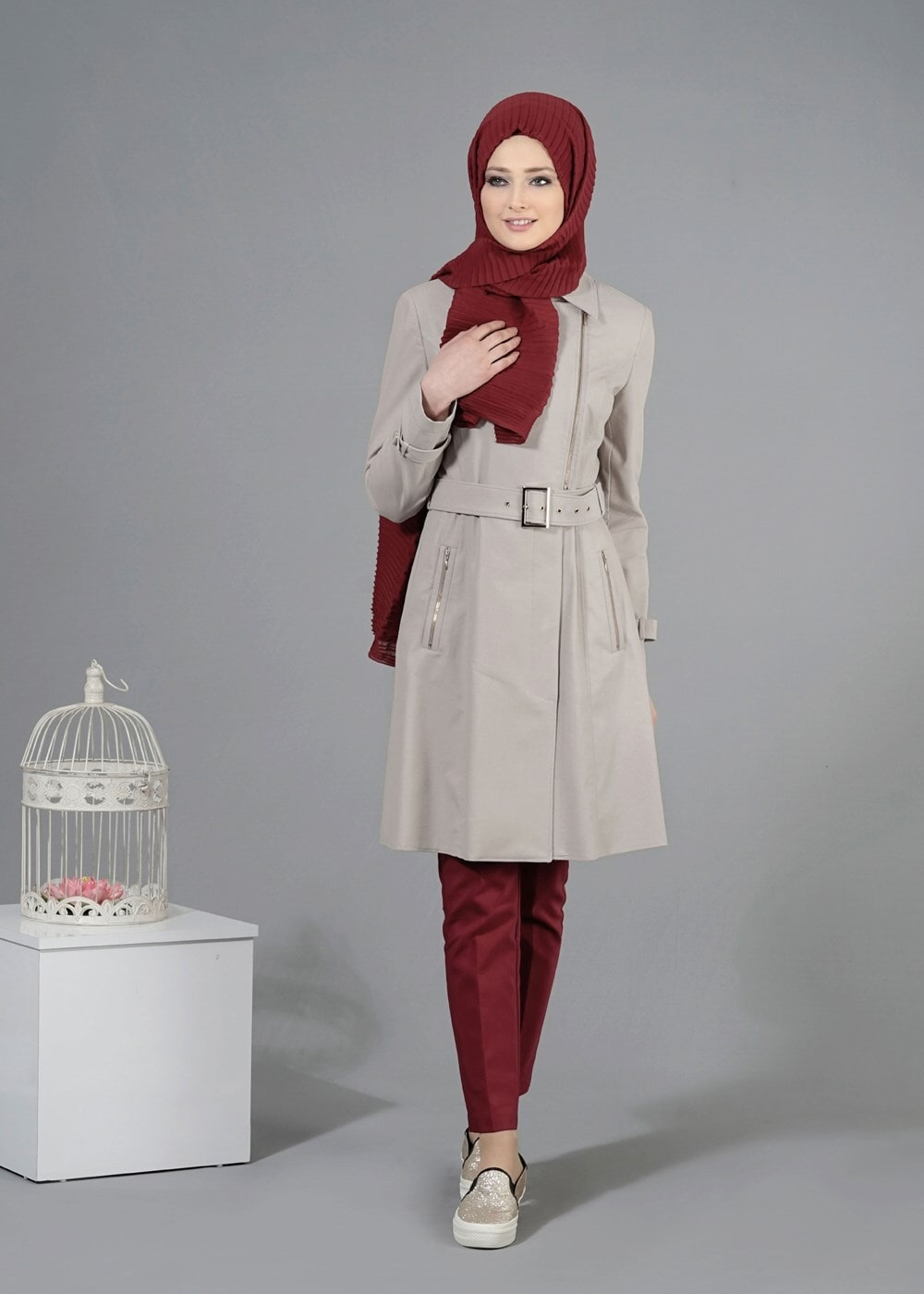 Tesettür giyim BEJ T 1554 Soraya Tesettür Trench-Alv Fashion