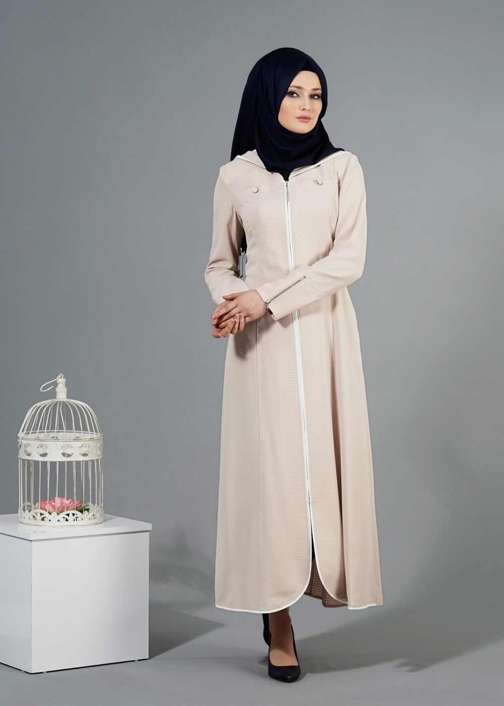 Tesettür giyim PUDRA T 1568 Uvertur Tesettür Pardesü-Alv Fashion