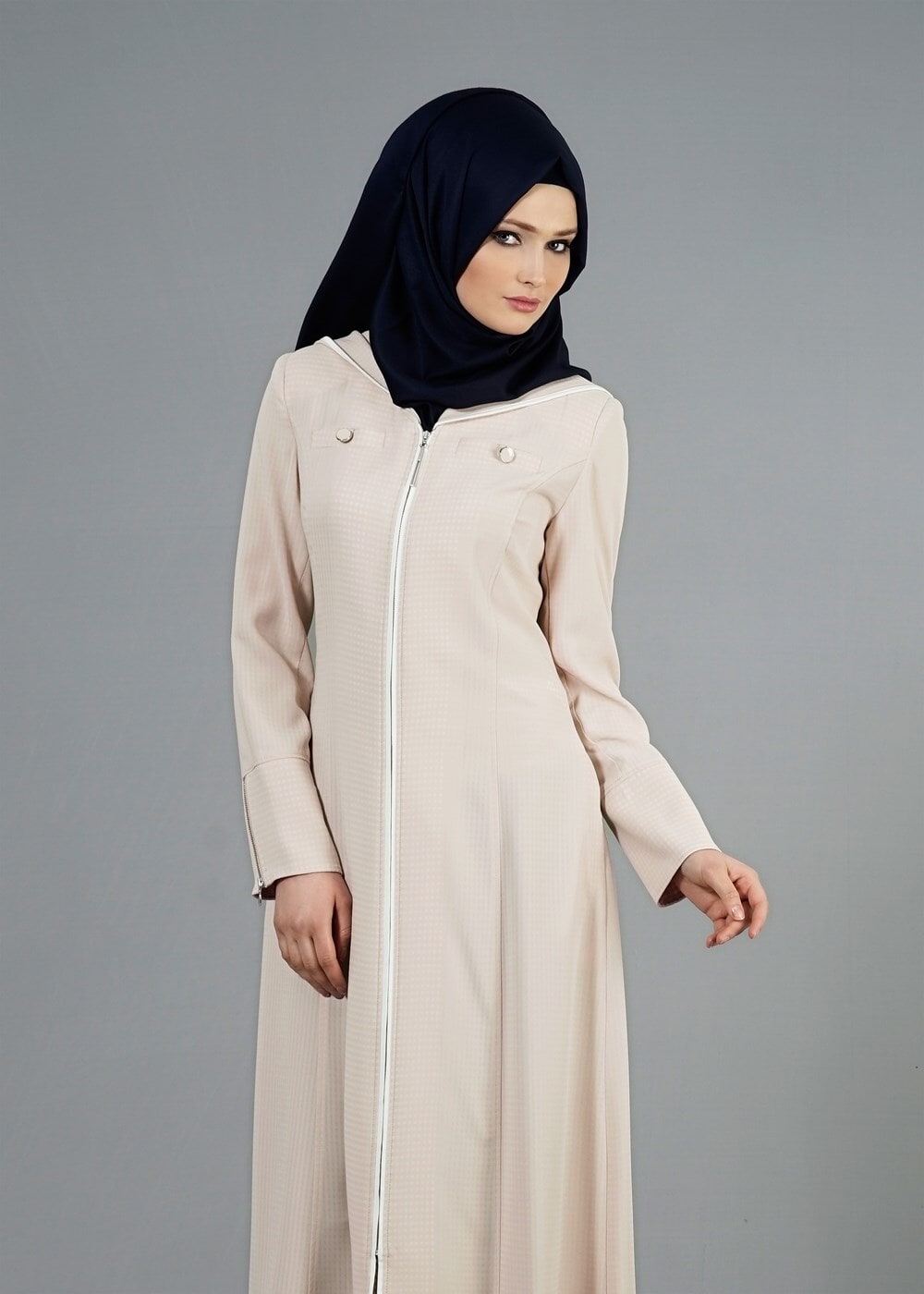 Tesettür giyim PUDRA T 1568 Uvertur Tesettür Pardesü-Alv Fashion