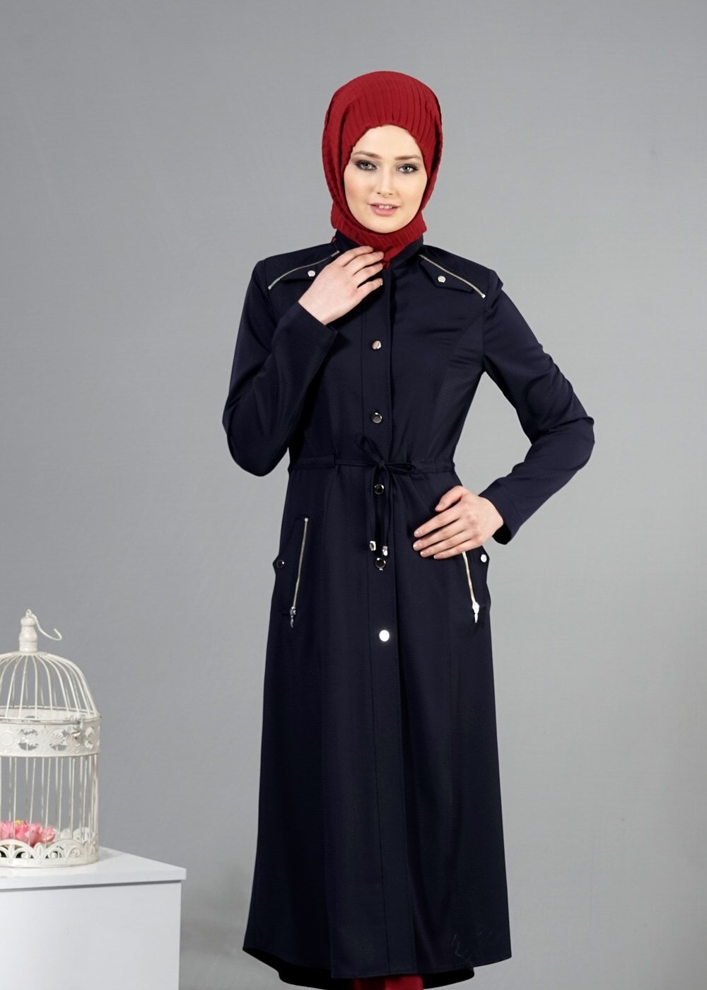 Tesettür giyim LACİVERT T 1518-1 Ekose Trench-Alv Fashion