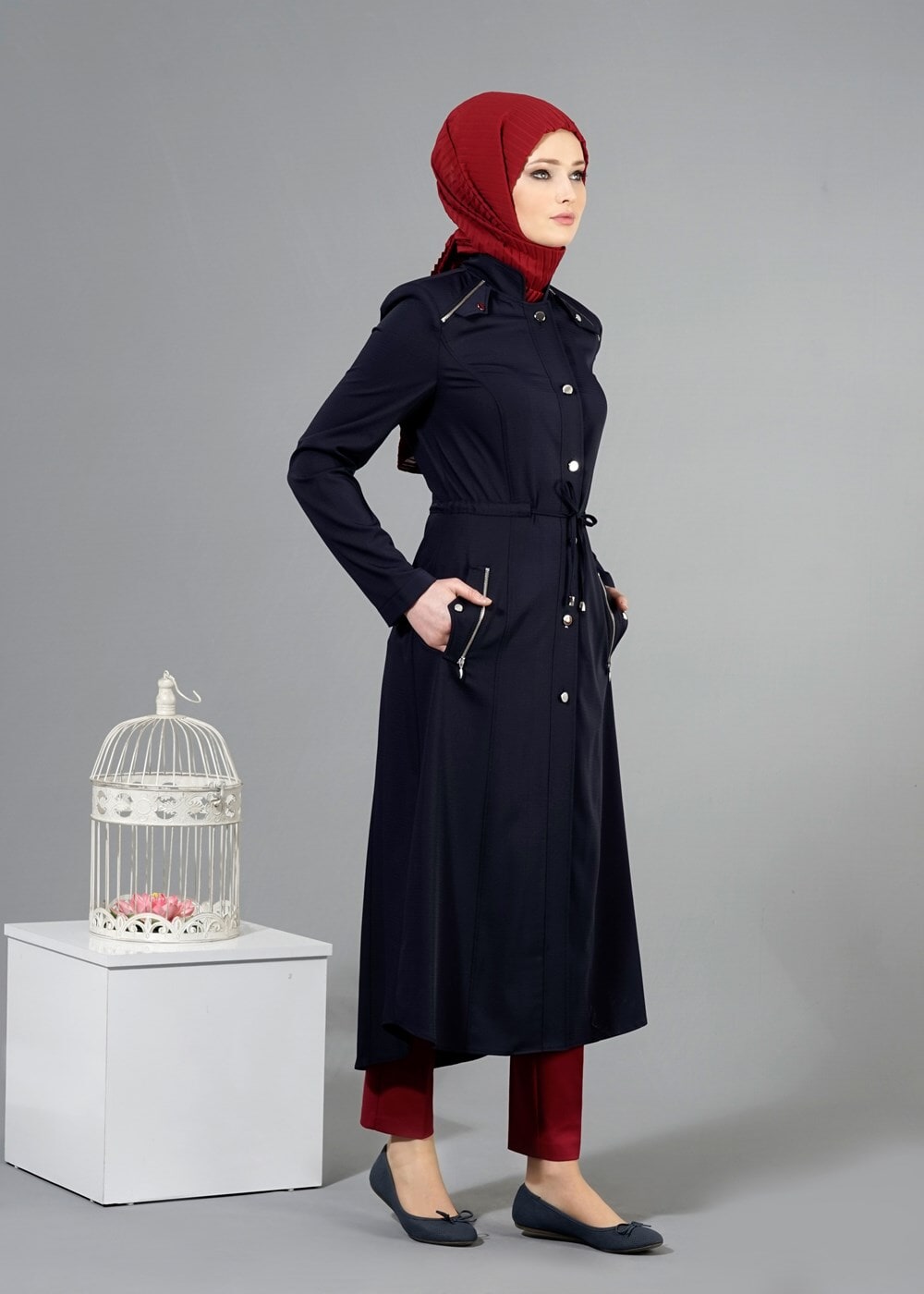 Tesettür giyim LACİVERT T 1518-1 Ekose Trench-Alv Fashion