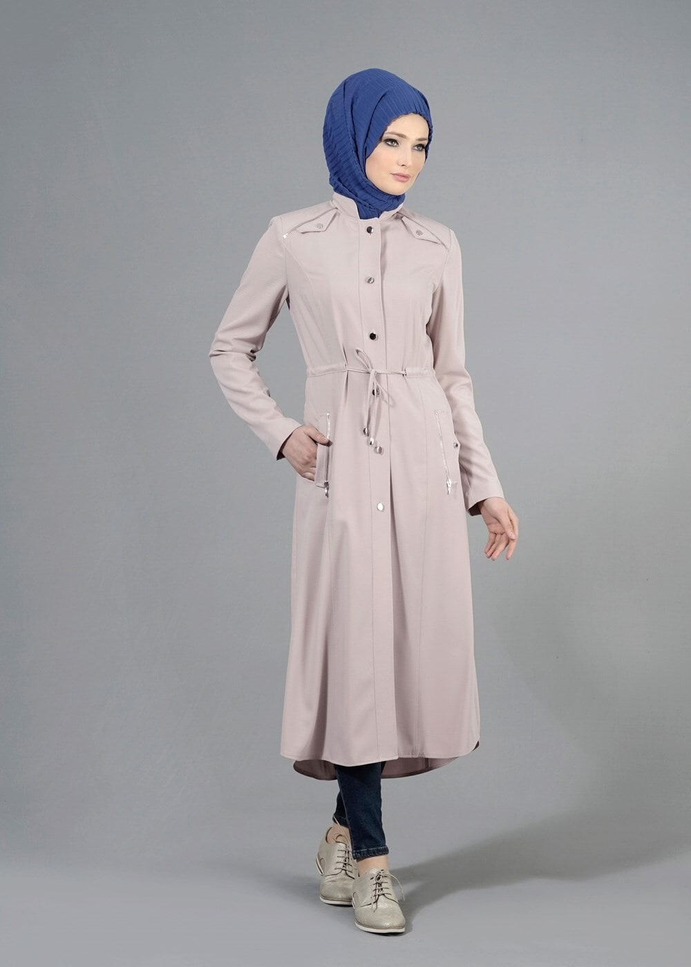 Tesettür giyim BEJ T 1518-1 Ekose Trench-Alv Fashion
