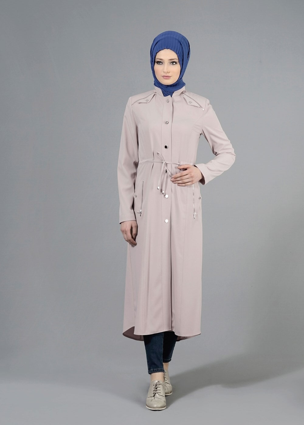 Tesettür giyim BEJ T 1518-1 Ekose Trench-Alv Fashion