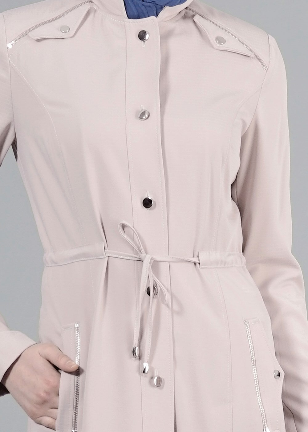 Tesettür giyim BEJ T 1518-1 Ekose Trench-Alv Fashion