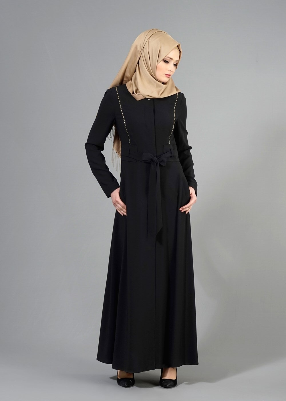 Tesettür giyim SİYAH T 1485 Nazenin Tesettür Pardesü-Alv Fashion