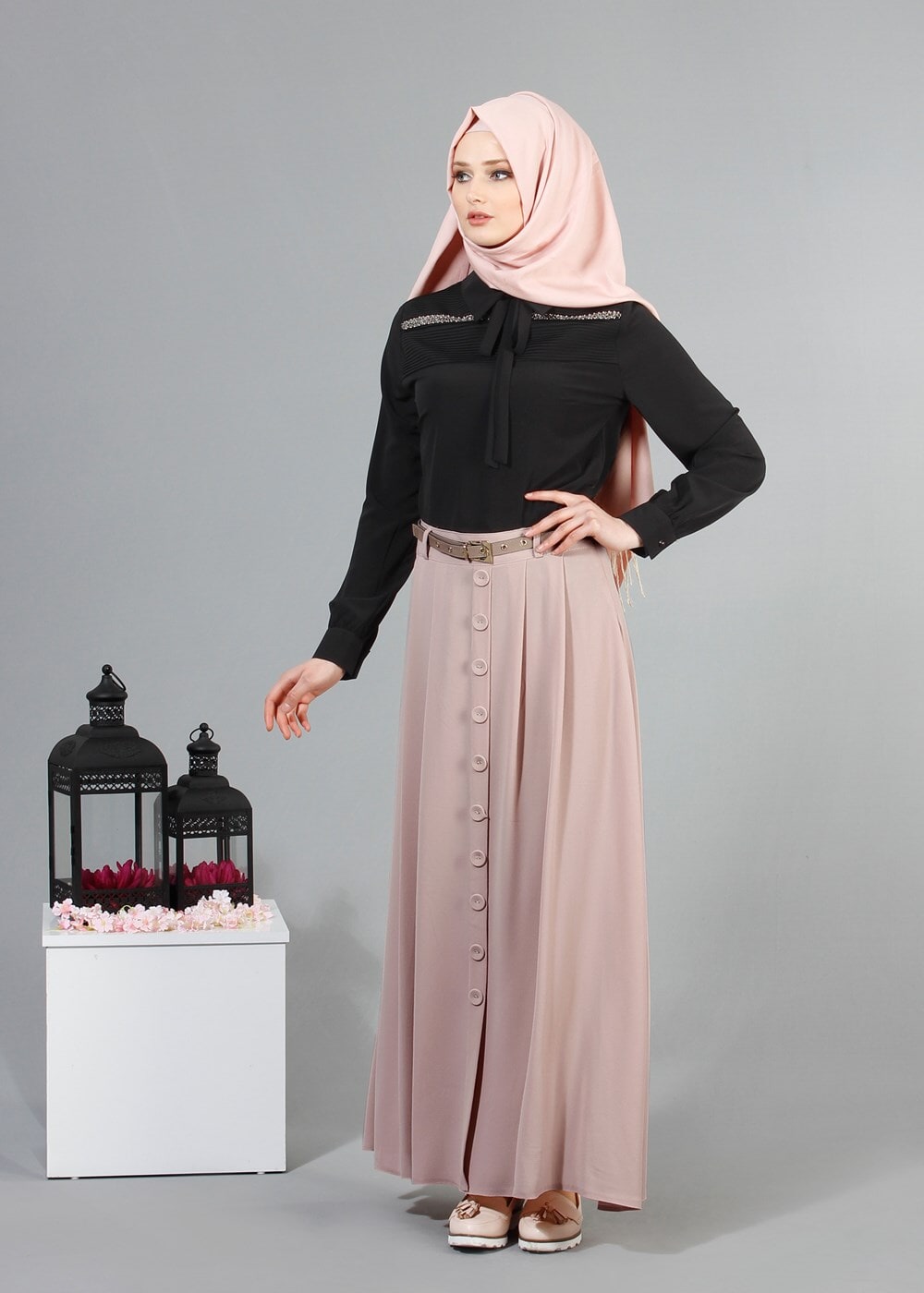Vêtements hijab POUDRE T 121950 Miss Belles Düğme Detaylı Etek