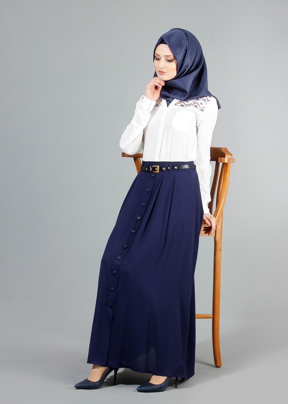 Vêtements hijab BLEU MARINE T 121950 Miss Belles Düğme Detaylı Etek