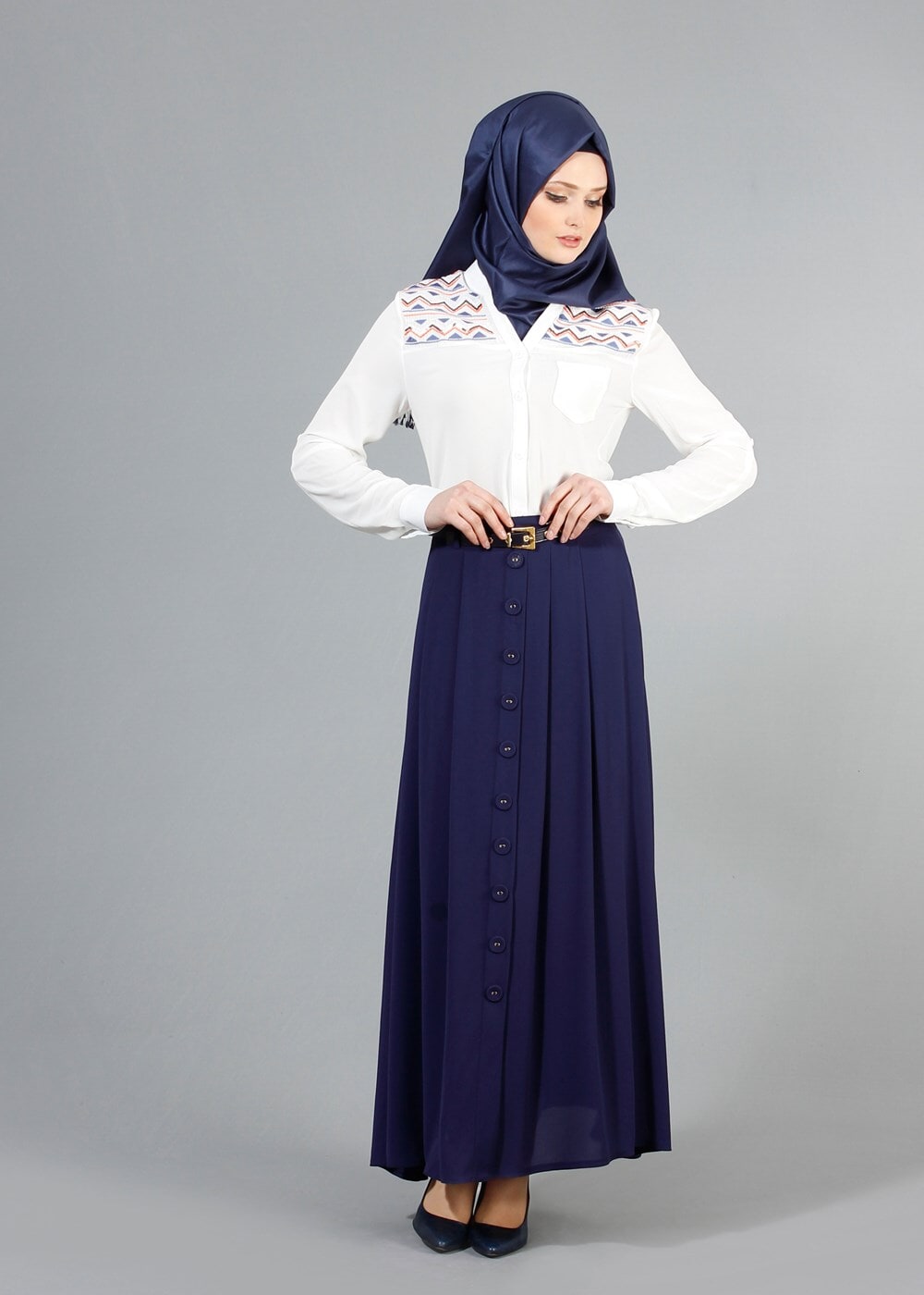 Vêtements hijab BLEU MARINE T 121950 Miss Belles Düğme Detaylı Etek
