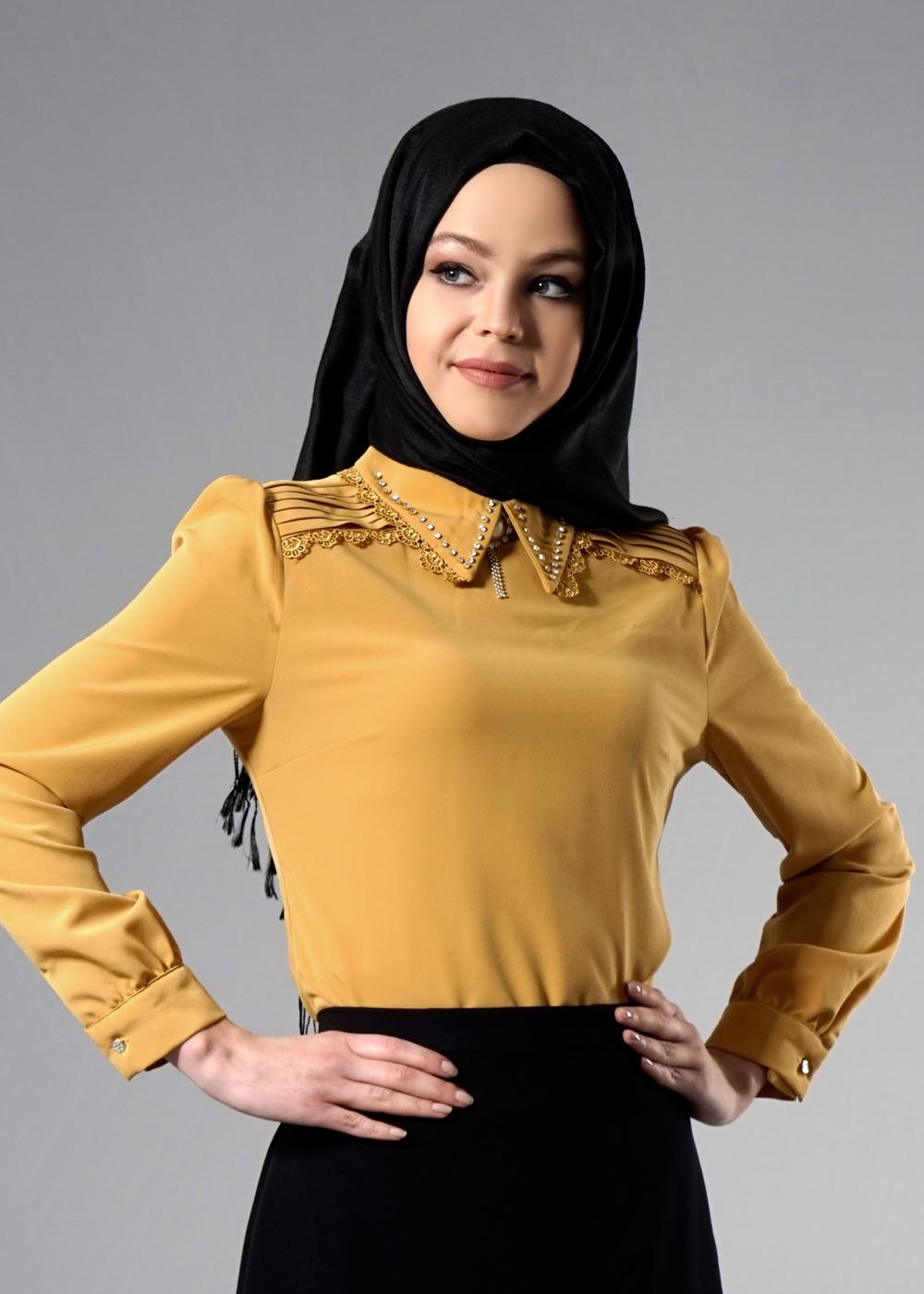 Tesettür giyim TURUNCU TAŞ DETAYLI BLUZ 4437 