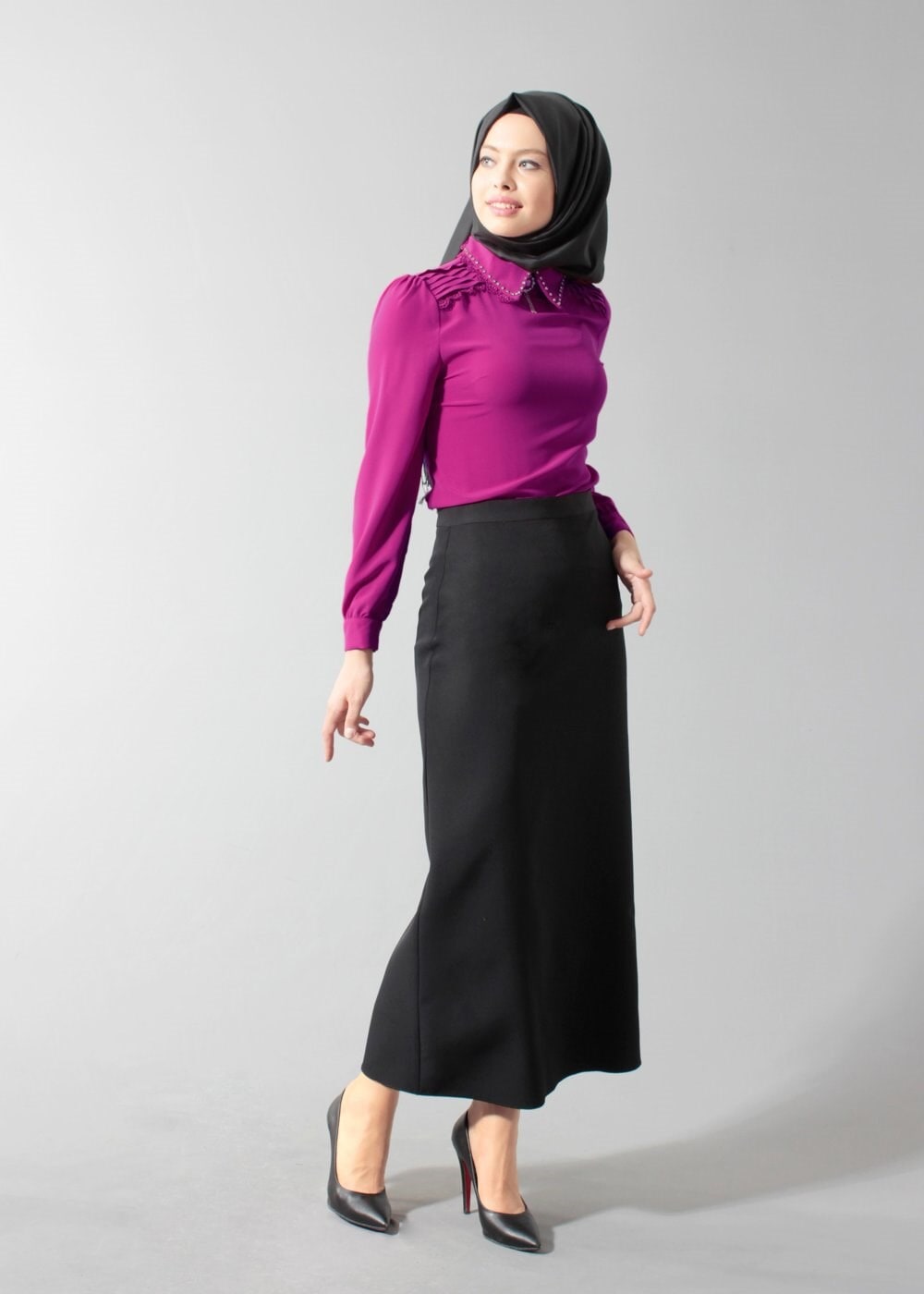 Tesettür giyim FUŞYA TAŞ DETAYLI BLUZ 4437 
