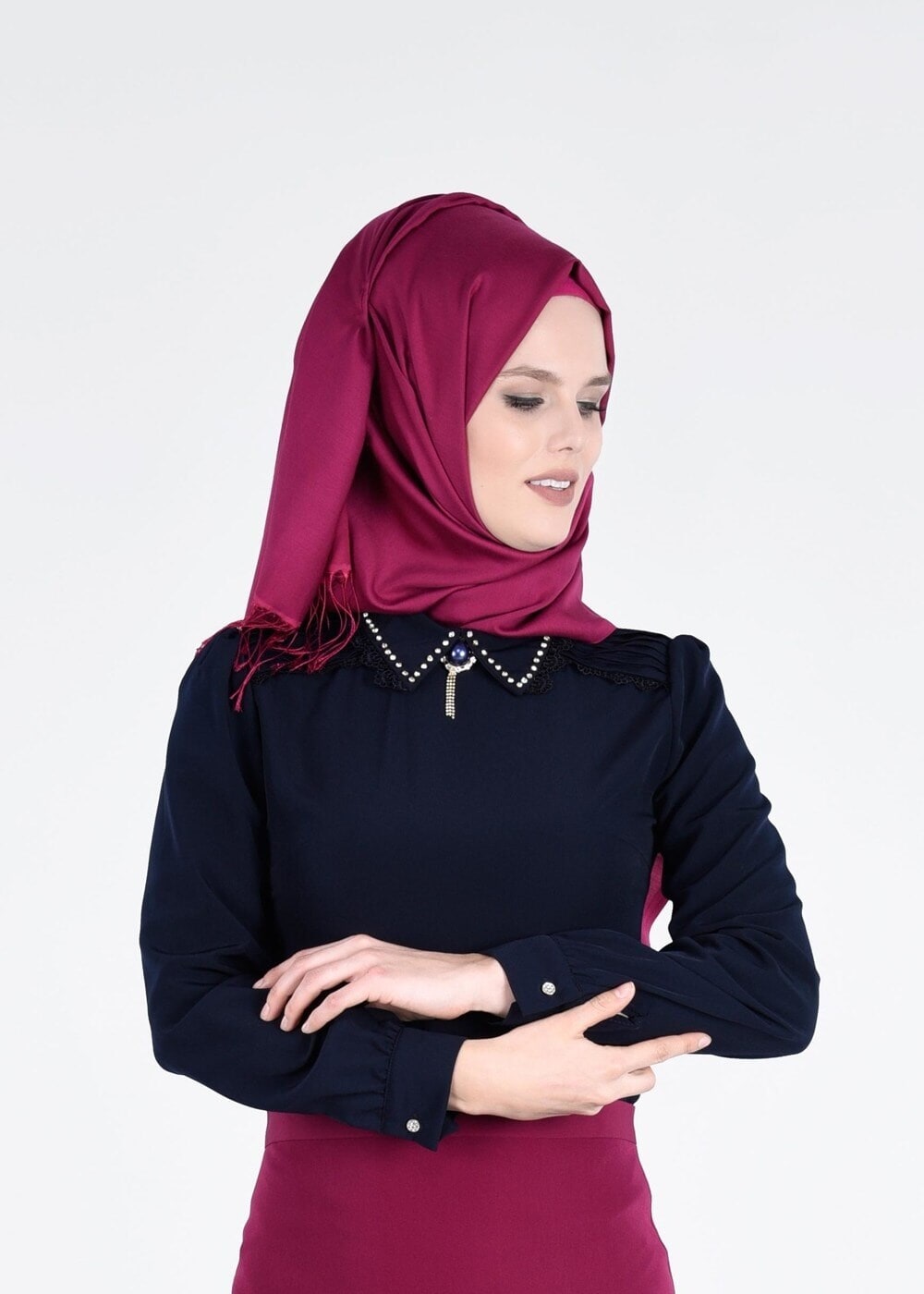 Tesettür giyim LACİVERT TAŞ DETAYLI BLUZ 4437 