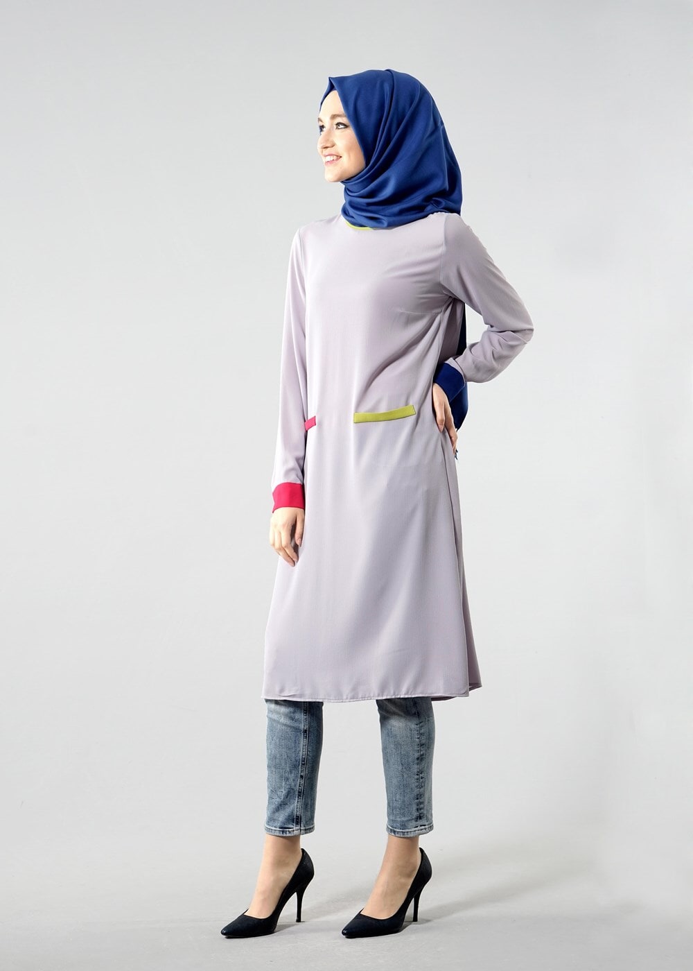Tesettür giyim GRİ T 308 İpekzade Krep Salaş Tunik