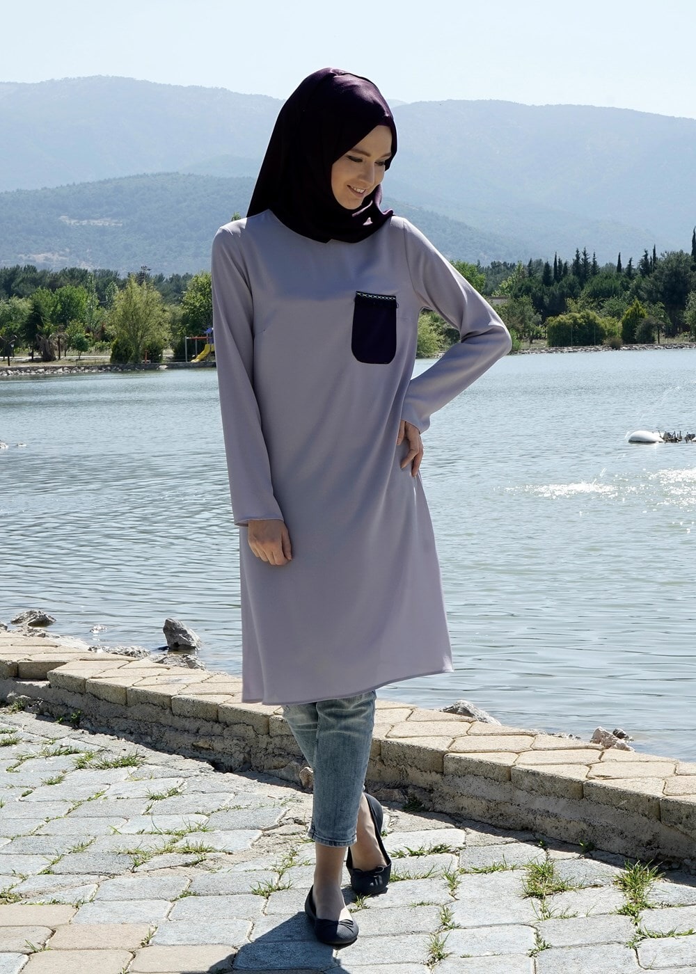 Tesettür giyim GRİ T 311 İpekzade Cep Detaylı Salaş Tunik