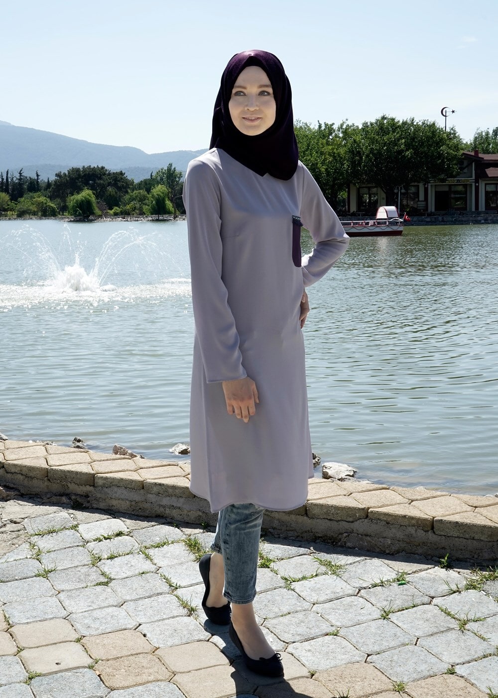 Tesettür giyim GRİ T 311 İpekzade Cep Detaylı Salaş Tunik