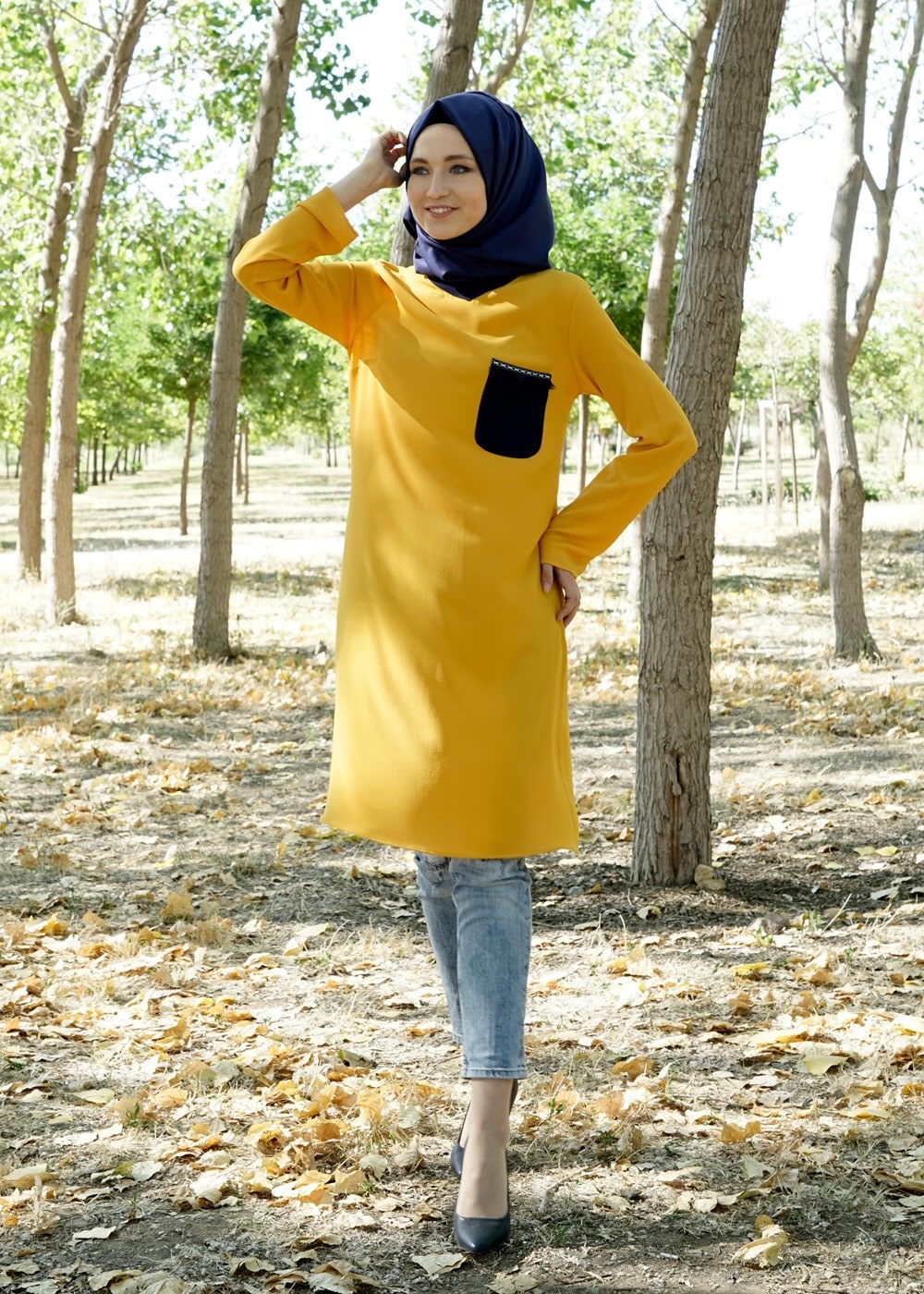 Tesettür giyim SARI T 311 İpekzade Cep Detaylı Salaş Tunik