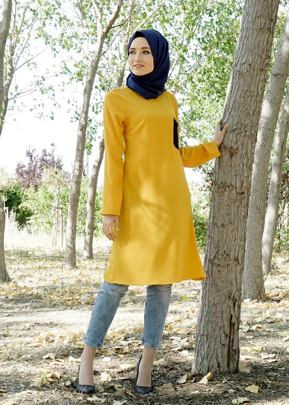 Tesettür giyim SARI T 311 İpekzade Cep Detaylı Salaş Tunik