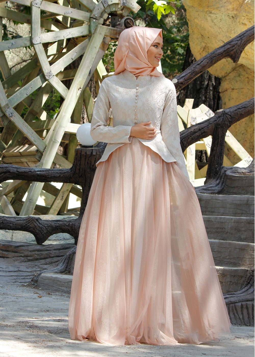 Tesettür giyim PUDRA SİMLİ TÜL ABİYE ELBİSE 7068 