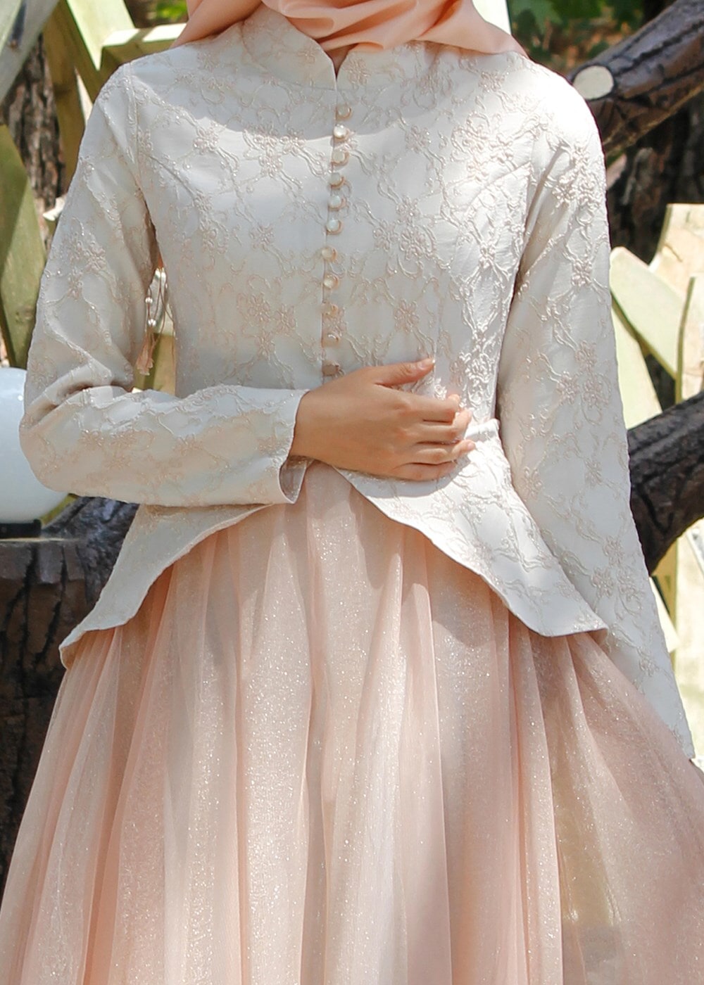 Tesettür giyim PUDRA SİMLİ TÜL ABİYE ELBİSE 7068 